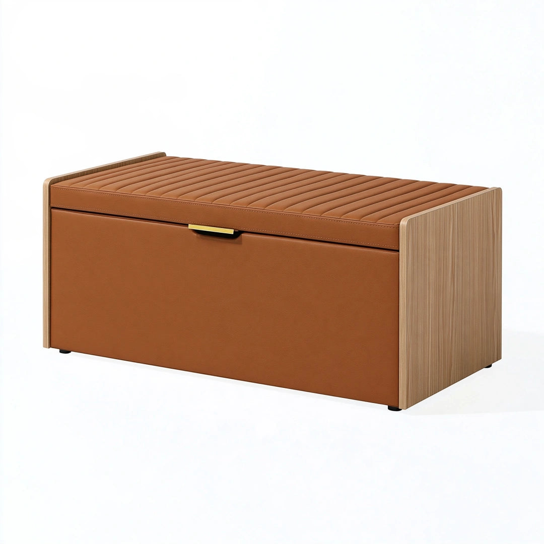 Aufbewahrungsbank 100 x 40 x 48 cm Braun Holzwerkstoff Lederoptik gepolstert mit Stauraum