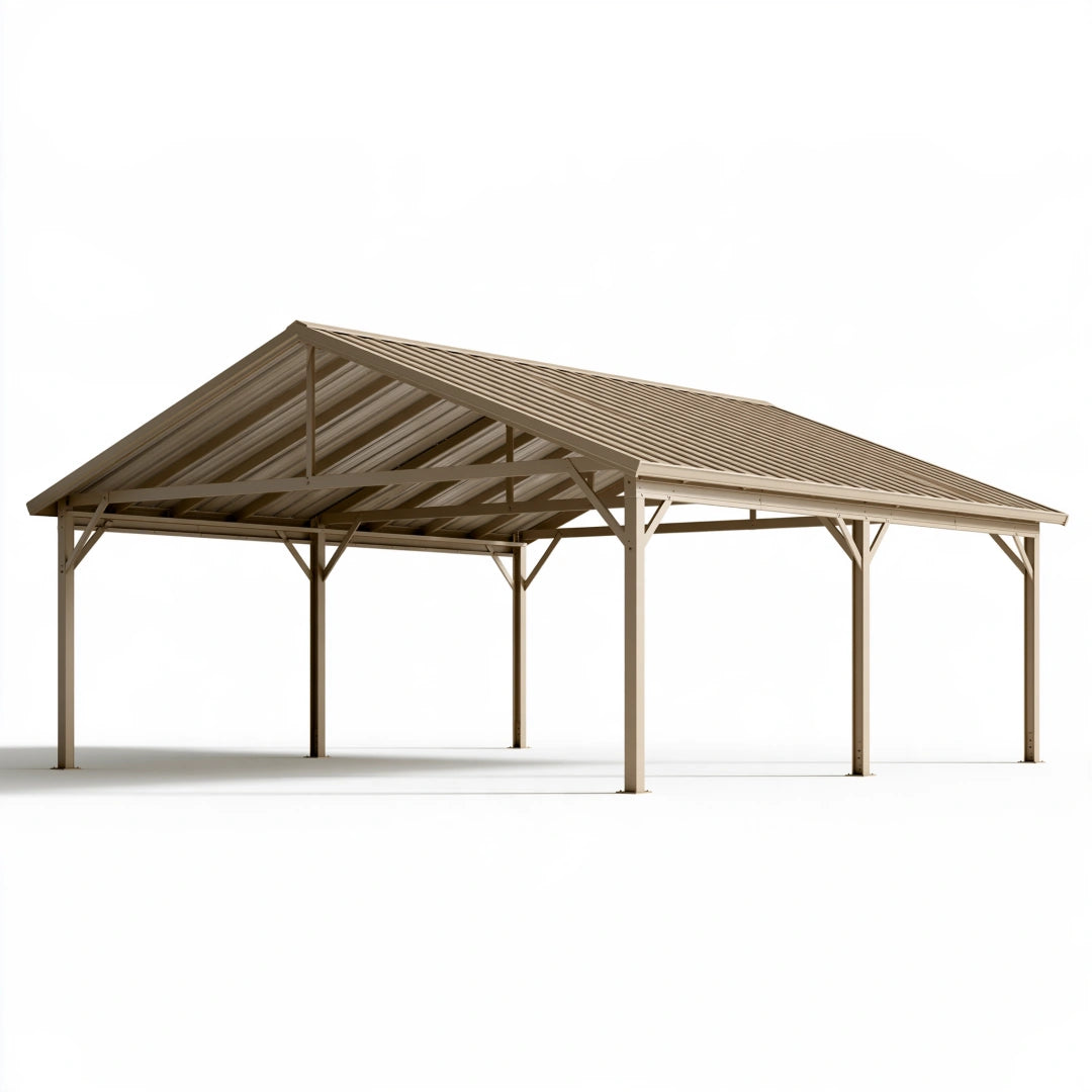 Doppelcarport 600 x 500 x 300 cm aus Metall in Beige mit Satteldach