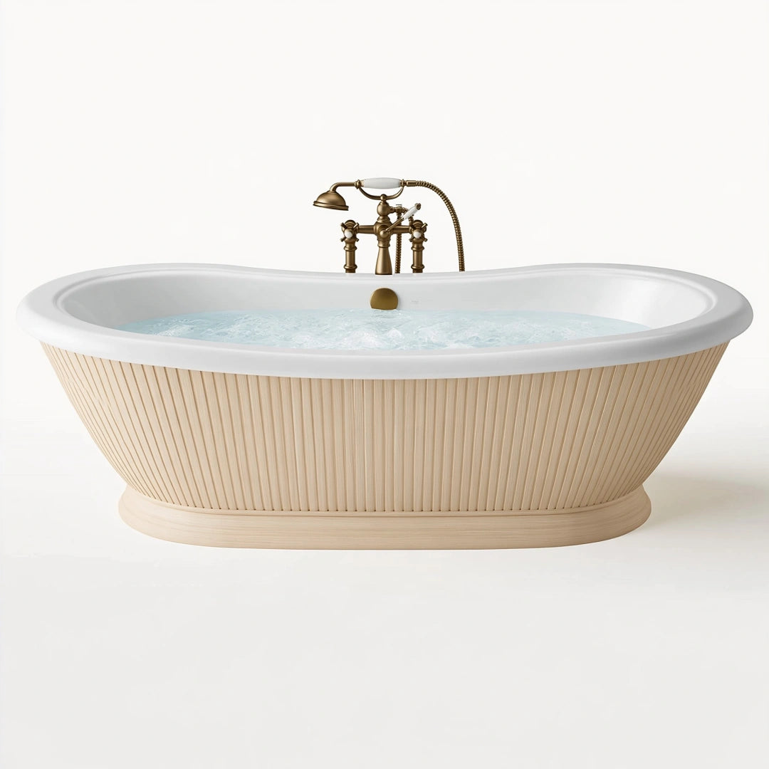 Freistehende Badewanne 180 x 85 x 65 cm aus Acryl und Holz in Beige Weiß im klassischen Stil