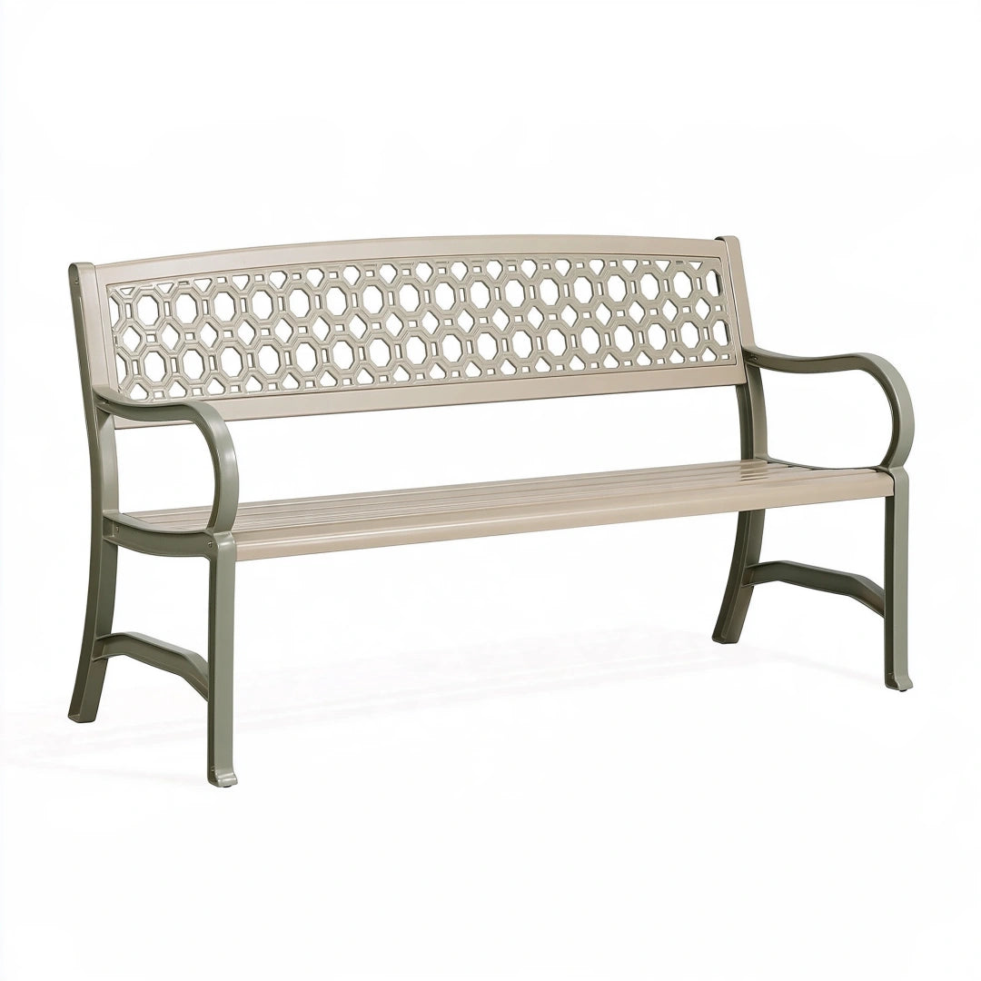 Gartenbank 122 cm Kunststoff Taupe mit Armlehnen Gitterrückenlehne