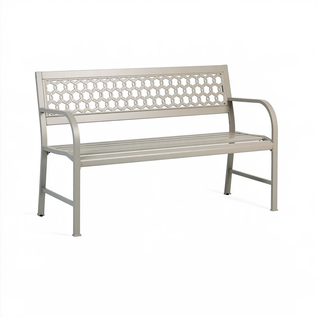 Gartenbank 122 x 61 x 88 cm aus Metall in Taupe mit Ziergitter-Rückenlehne