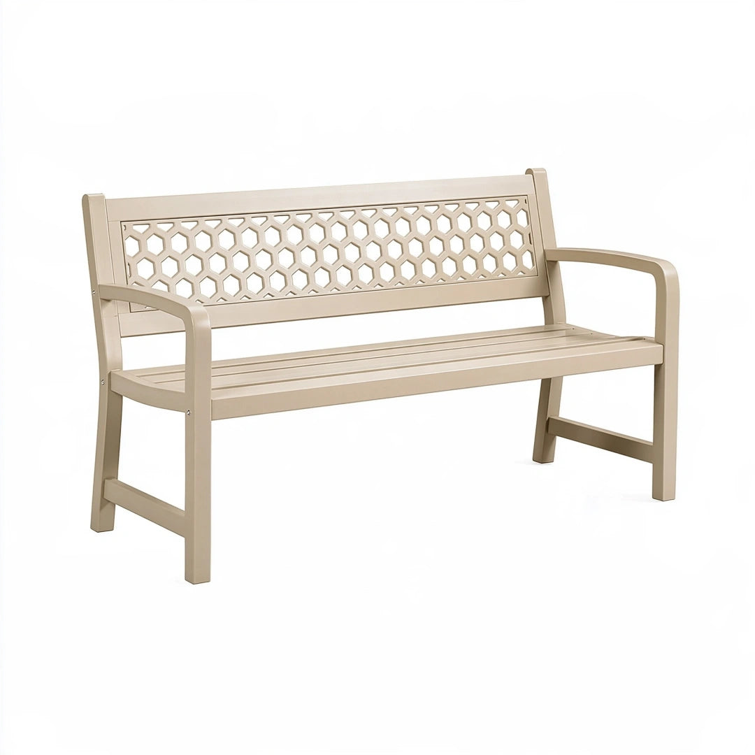 Gartensitzbank 120 cm Kunststoff Beige mit Armlehnen und Gitterrückenlehne