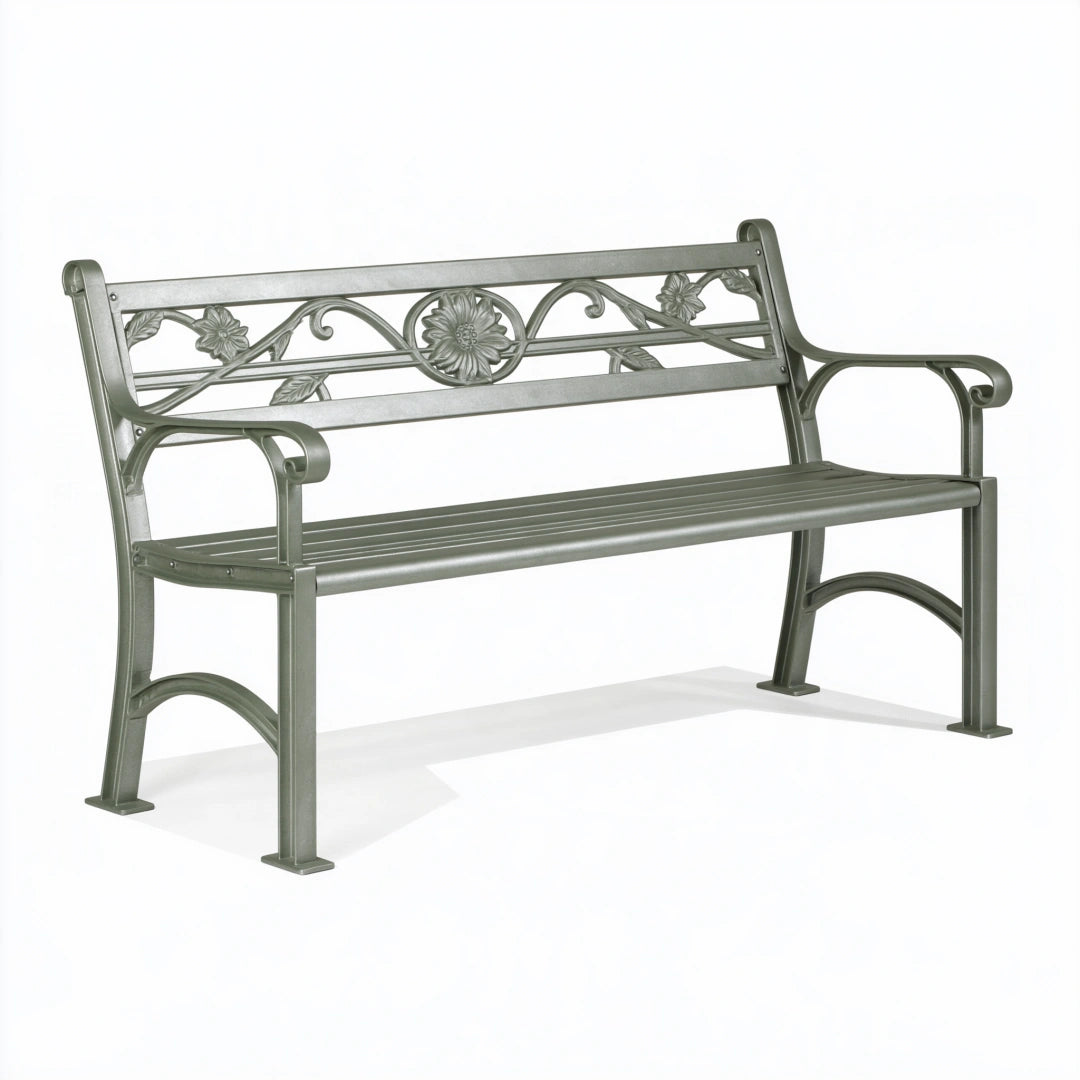 Gartenbank 120 cm Metall grau mit Armlehnen floralem Design